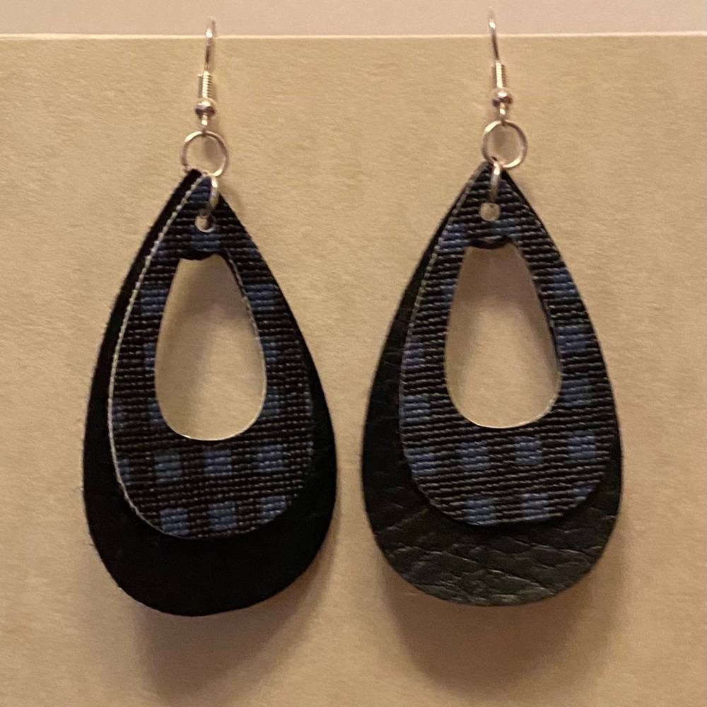Handmade Faux Leather Blue and Black Earrings